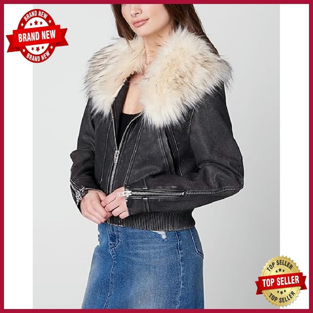 Mediumweight Vegan Leather Bomber Jacket with Faux Fur Collar - Picture 3 of 4